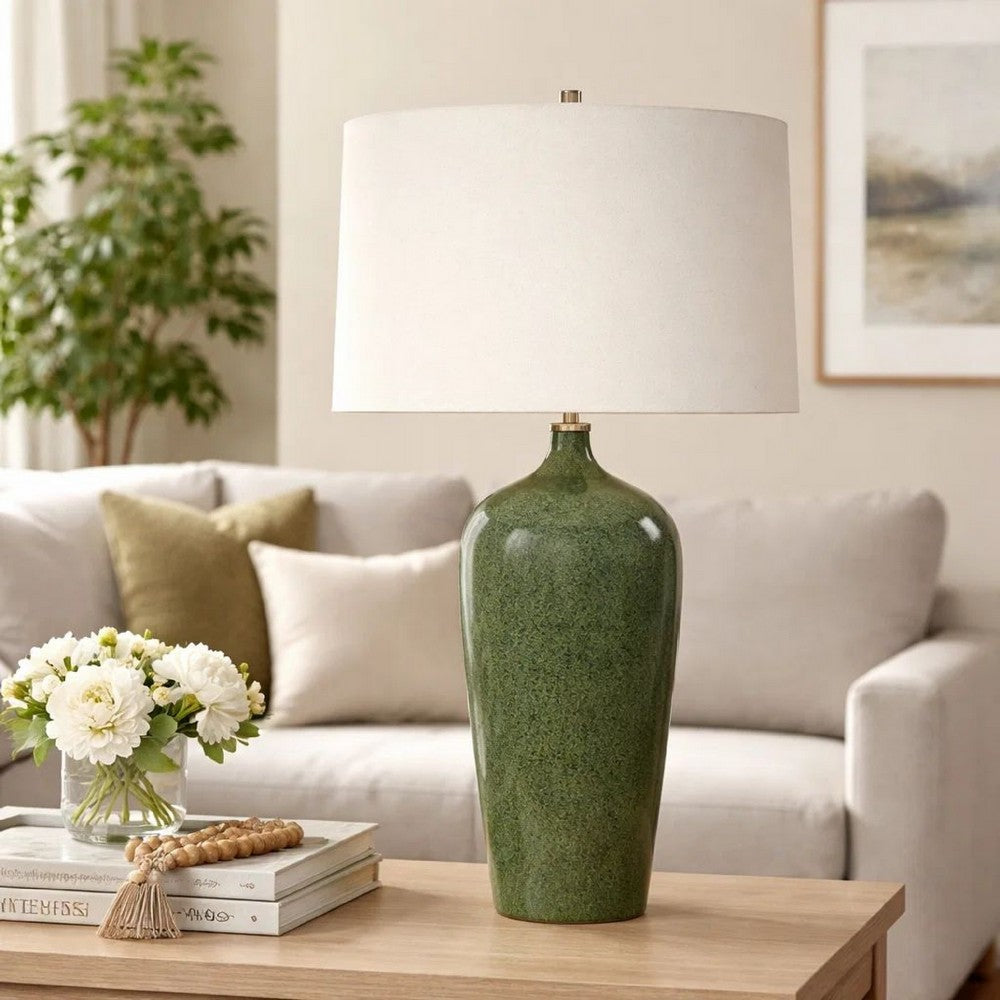 Table Lamp | Beige Linen Shade | Distressed Emerald Green Ceramic 28"