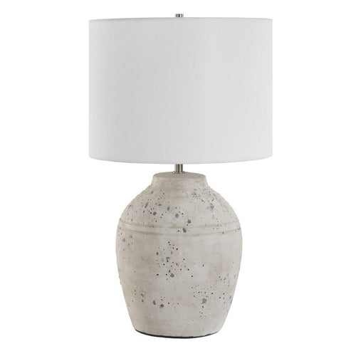 Table Lamp | Round Linen Shade | 24" Distressed White Ceramic Body