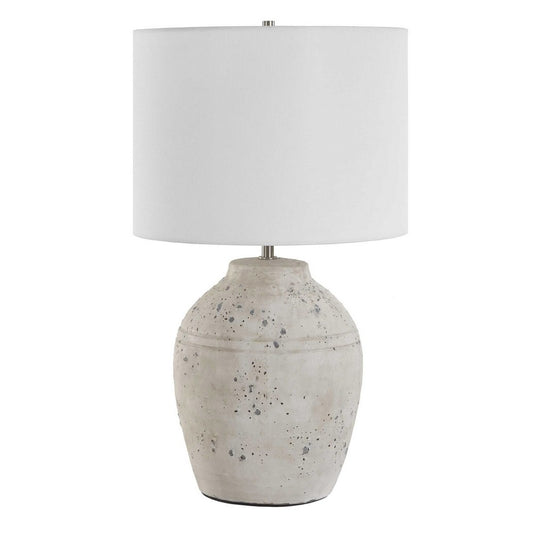 Table Lamp | Round Linen Shade | 24" Distressed White Ceramic Body