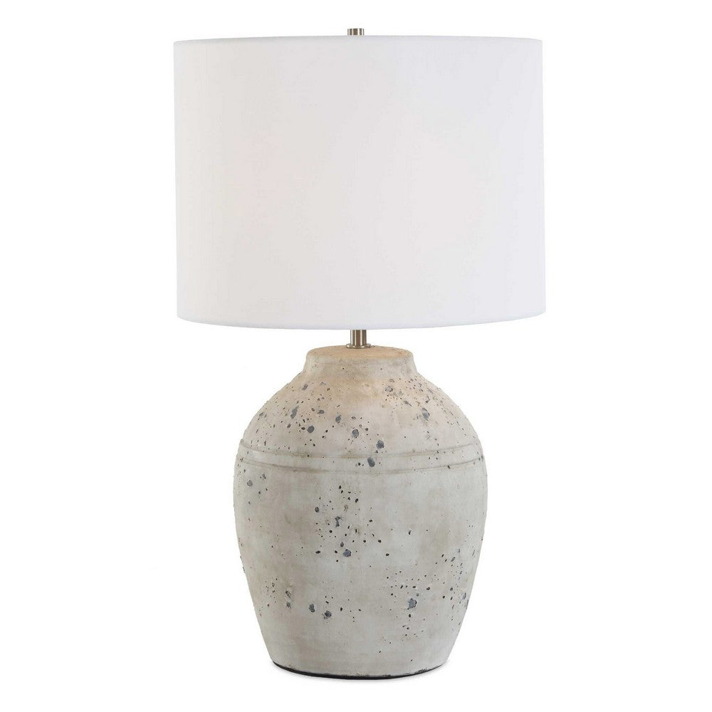 Table Lamp | Round Linen Shade | 24" Distressed White Ceramic Body