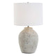 Table Lamp | Round Linen Shade | 24" Distressed White Ceramic Body