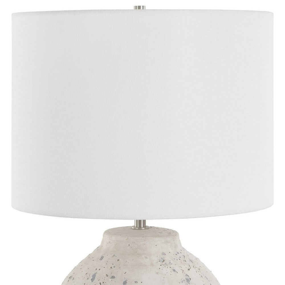 Table Lamp | Round Linen Shade | 24" Distressed White Ceramic Body