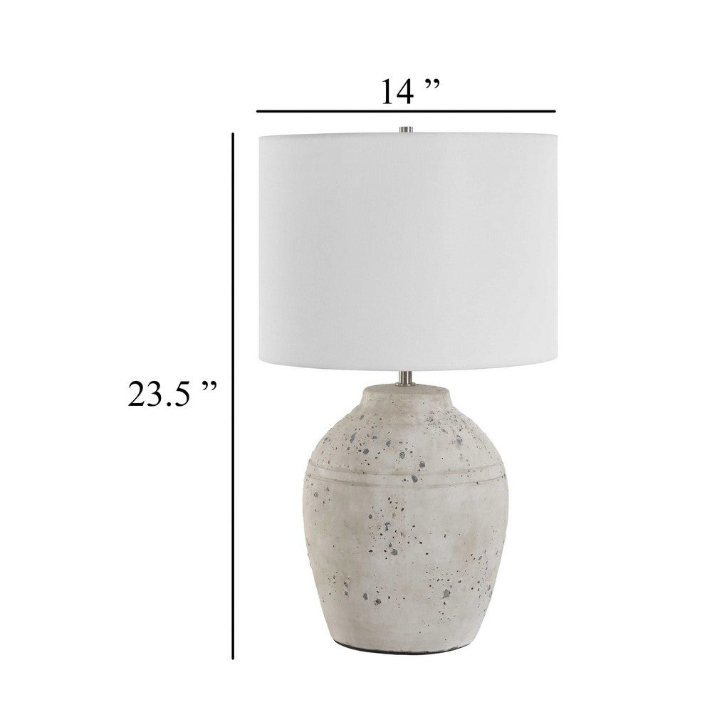 Table Lamp | Round Linen Shade | 24" Distressed White Ceramic Body