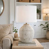 Table Lamp | Round Linen Shade | 24" Distressed White Ceramic Body