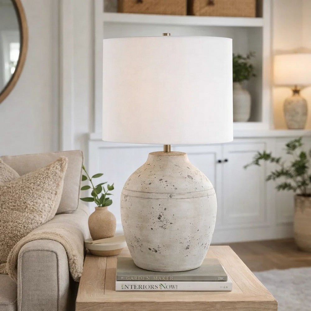 Table Lamp | Round Linen Shade | 24" Distressed White Ceramic Body