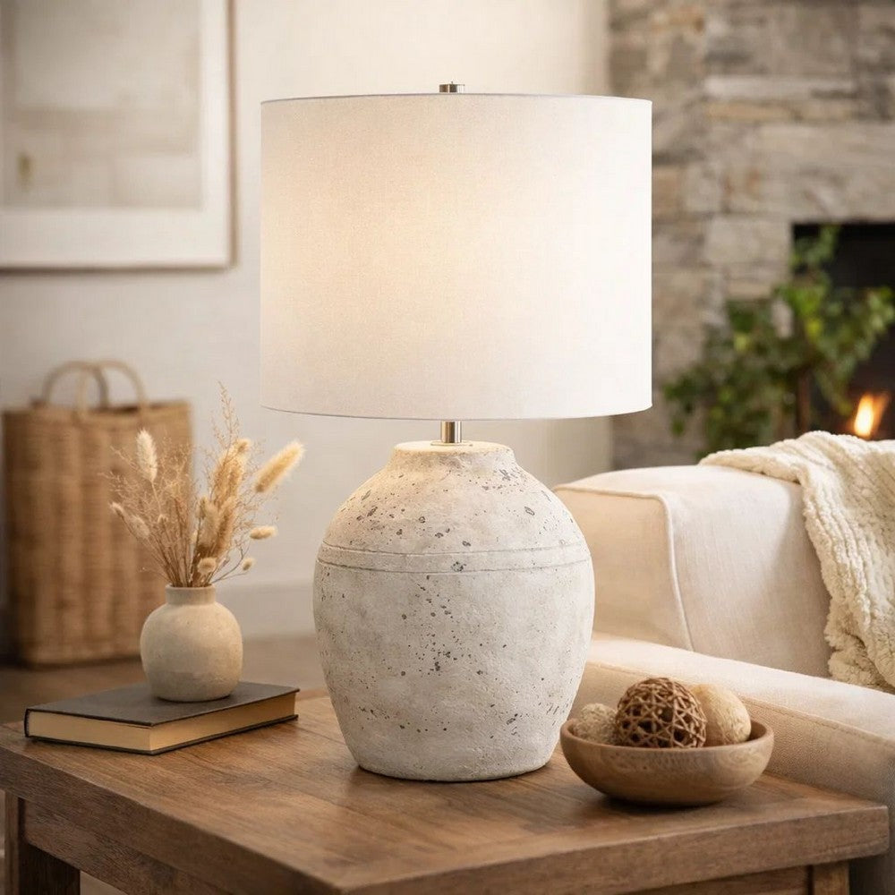 Table Lamp | Round Linen Shade | 24" Distressed White Ceramic Body