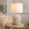 Table Lamp | Round Linen Shade | 24" Distressed White Ceramic Body