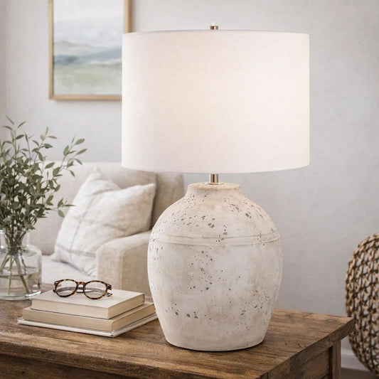 Table Lamp | Round Linen Shade | 24" Distressed White Ceramic Body