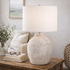 Table Lamp | Round Linen Shade | 24" Distressed White Ceramic Body