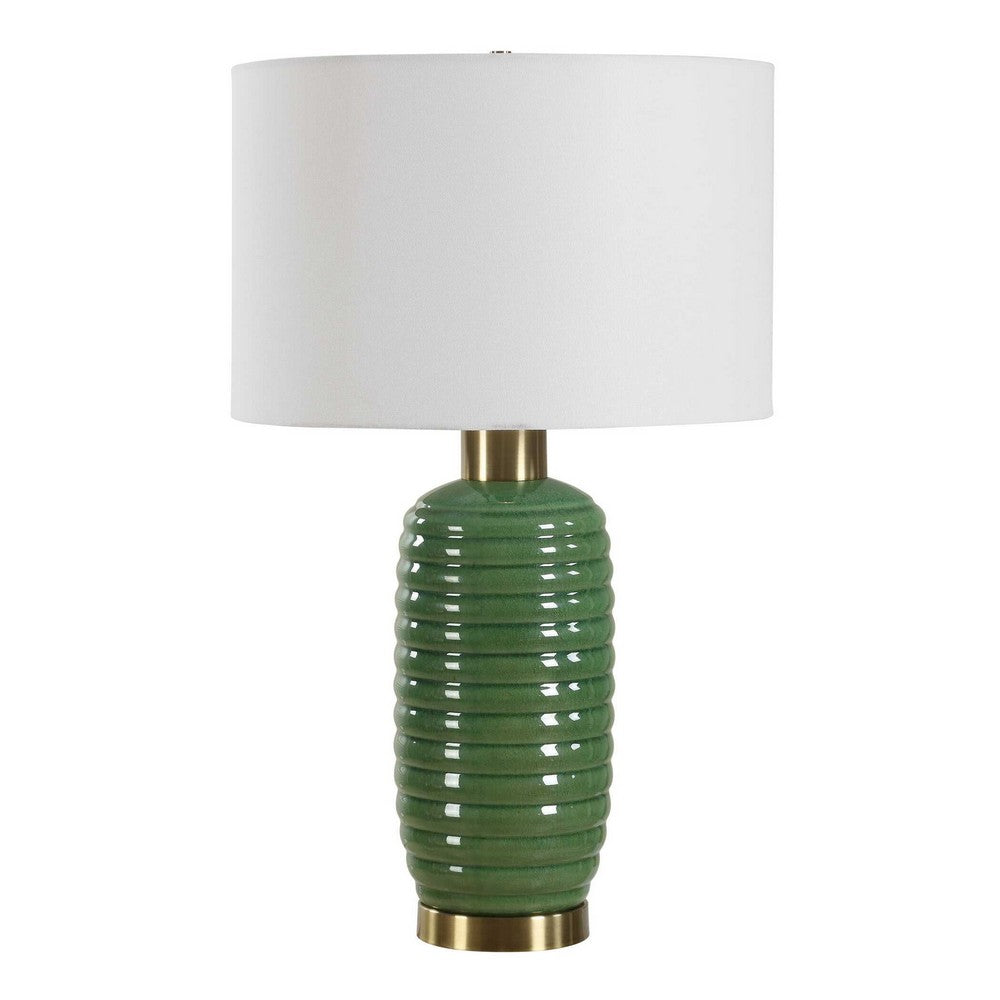 Table Lamp | Off White Linen Shade | 27" Olive Green Ribbed Ceramic