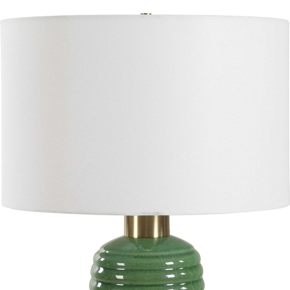 Table Lamp | Off White Linen Shade | 27" Olive Green Ribbed Ceramic