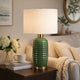 Table Lamp | Off White Linen Shade | 27" Olive Green Ribbed Ceramic