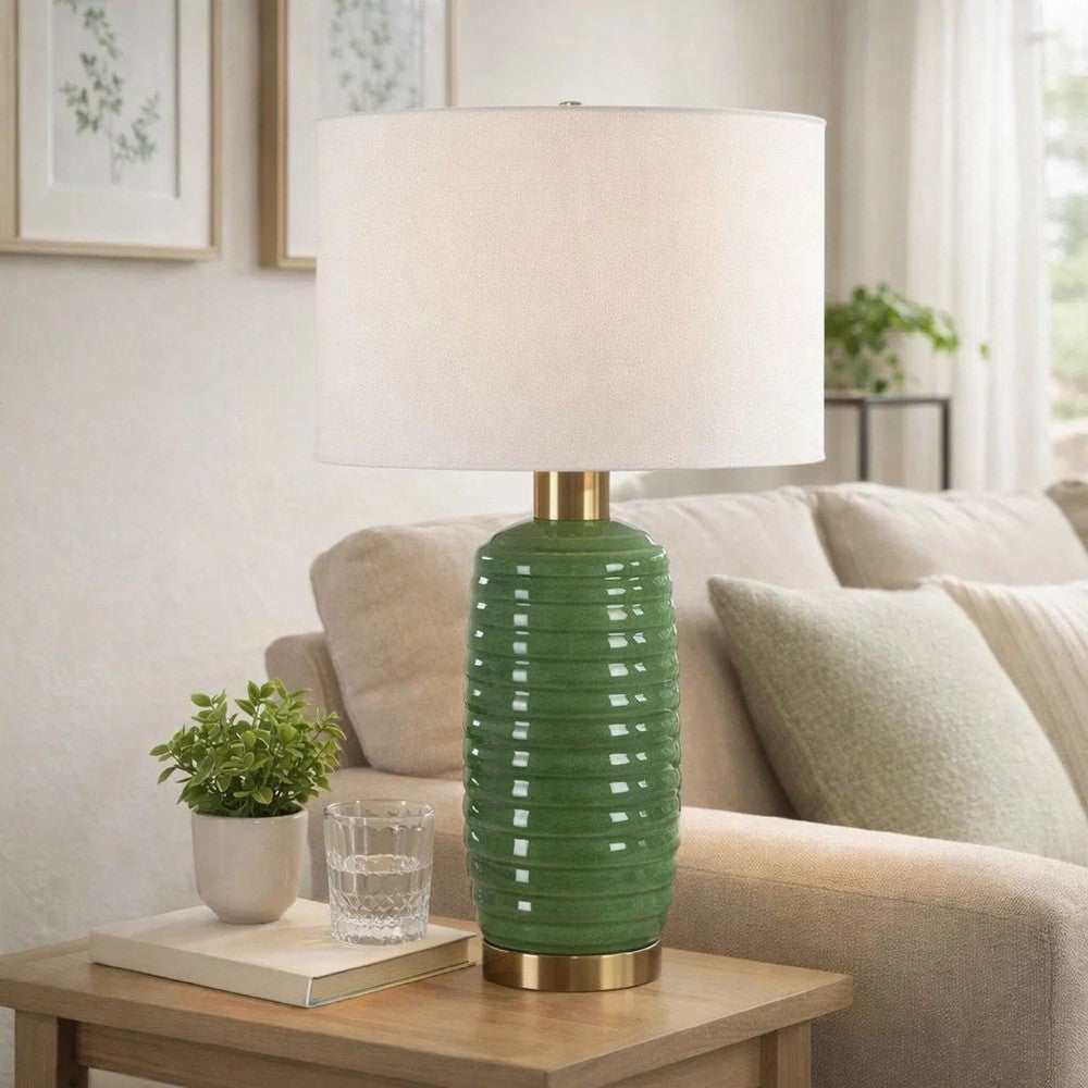 Table Lamp | Off White Linen Shade | 27" Olive Green Ribbed Ceramic