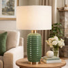 Table Lamp | Off White Linen Shade | 27" Olive Green Ribbed Ceramic