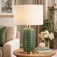 Table Lamp | Off White Linen Shade | 27" Olive Green Ribbed Ceramic