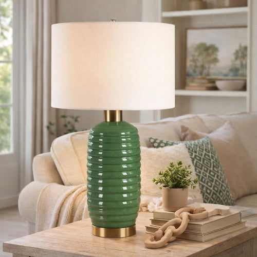 Table Lamp | Off White Linen Shade | 27" Olive Green Ribbed Ceramic