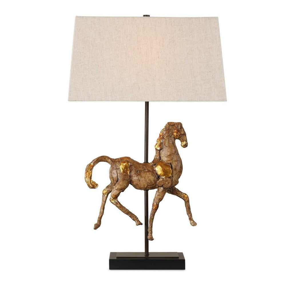 Horse Sculpture Table Lamp | Beige Linen Shade | 29" Black Iron