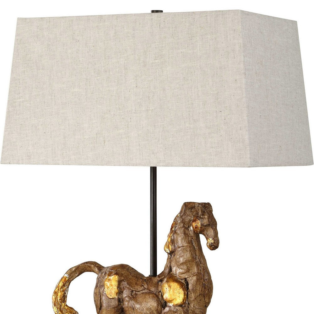 Horse Sculpture Table Lamp | Beige Linen Shade | 29" Black Iron