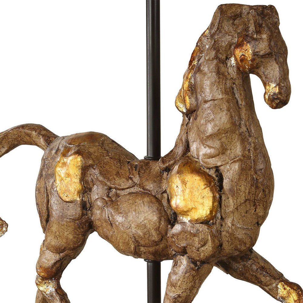 Horse Sculpture Table Lamp | Beige Linen Shade | 29" Black Iron
