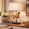 Horse Sculpture Table Lamp | Beige Linen Shade | 29" Black Iron
