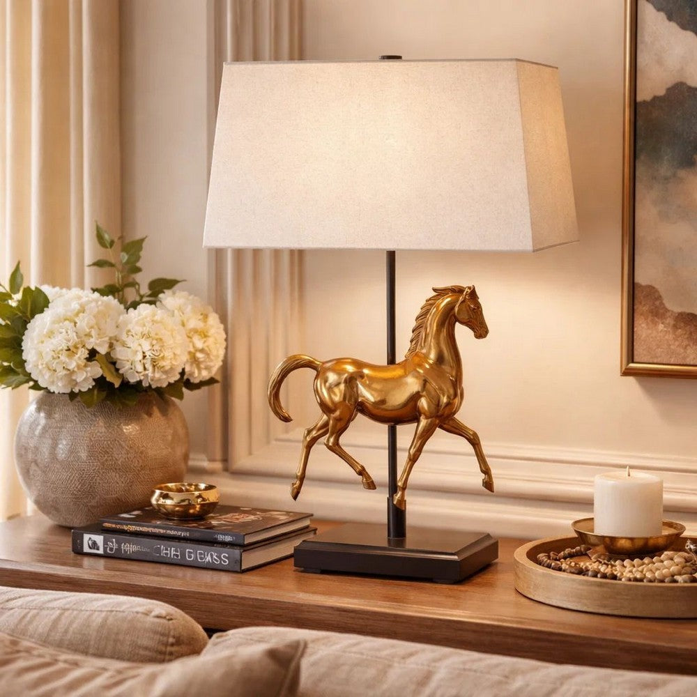 Horse Sculpture Table Lamp | Beige Linen Shade | 29" Black Iron