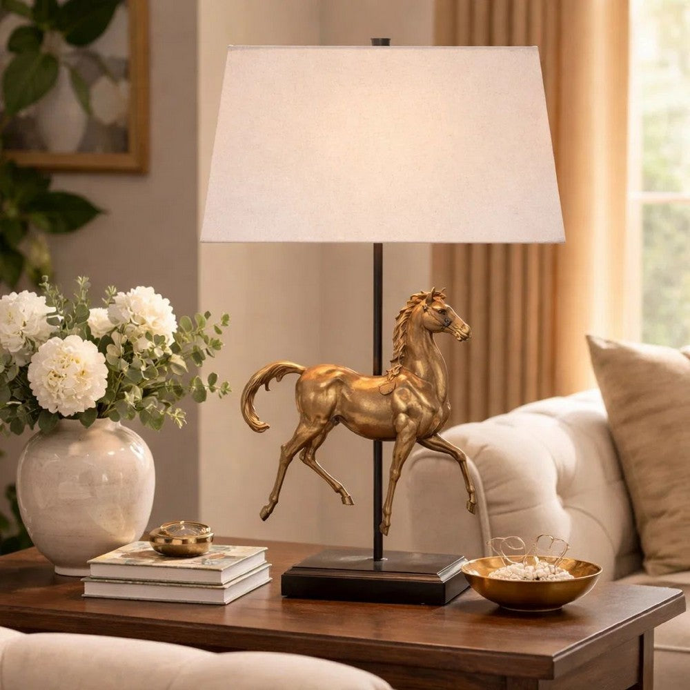 Horse Sculpture Table Lamp | Beige Linen Shade | 29" Black Iron