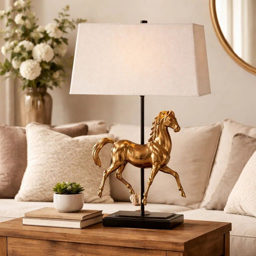 Horse Sculpture Table Lamp | Beige Linen Shade | 29" Black Iron