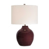 Table Lamp | Round Linen Shade | Ruby Red Textured Round Ceramic | 23"