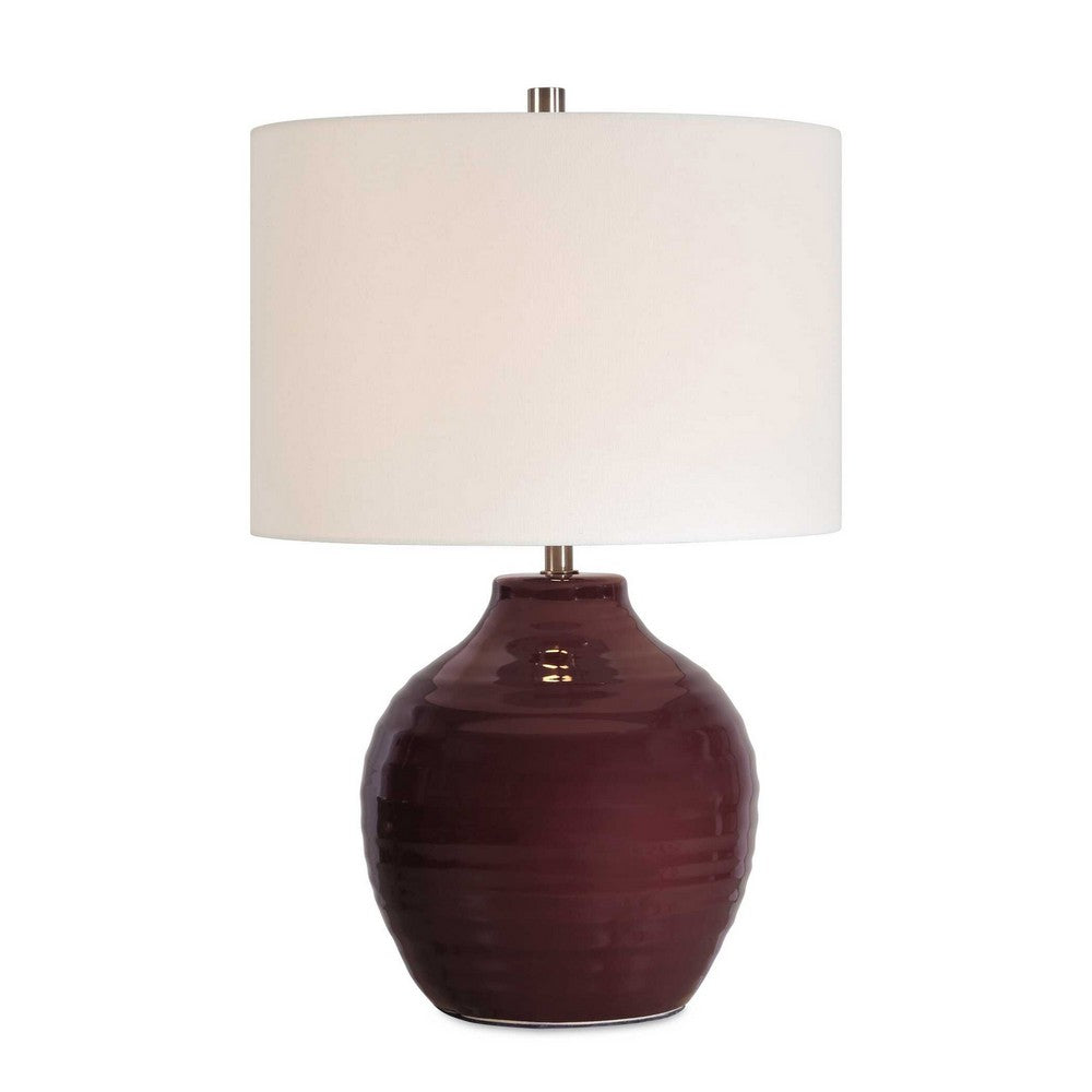 Table Lamp | Round Linen Shade | Ruby Red Textured Round Ceramic | 23"