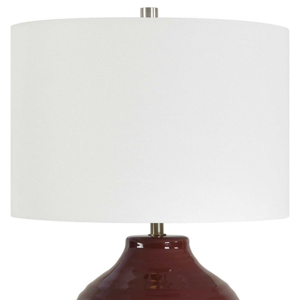 Table Lamp | Round Linen Shade | Ruby Red Textured Round Ceramic | 23"