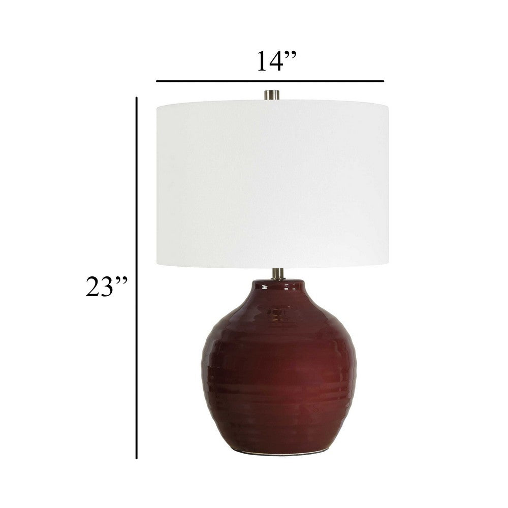 Table Lamp | Round Linen Shade | Ruby Red Textured Round Ceramic | 23"