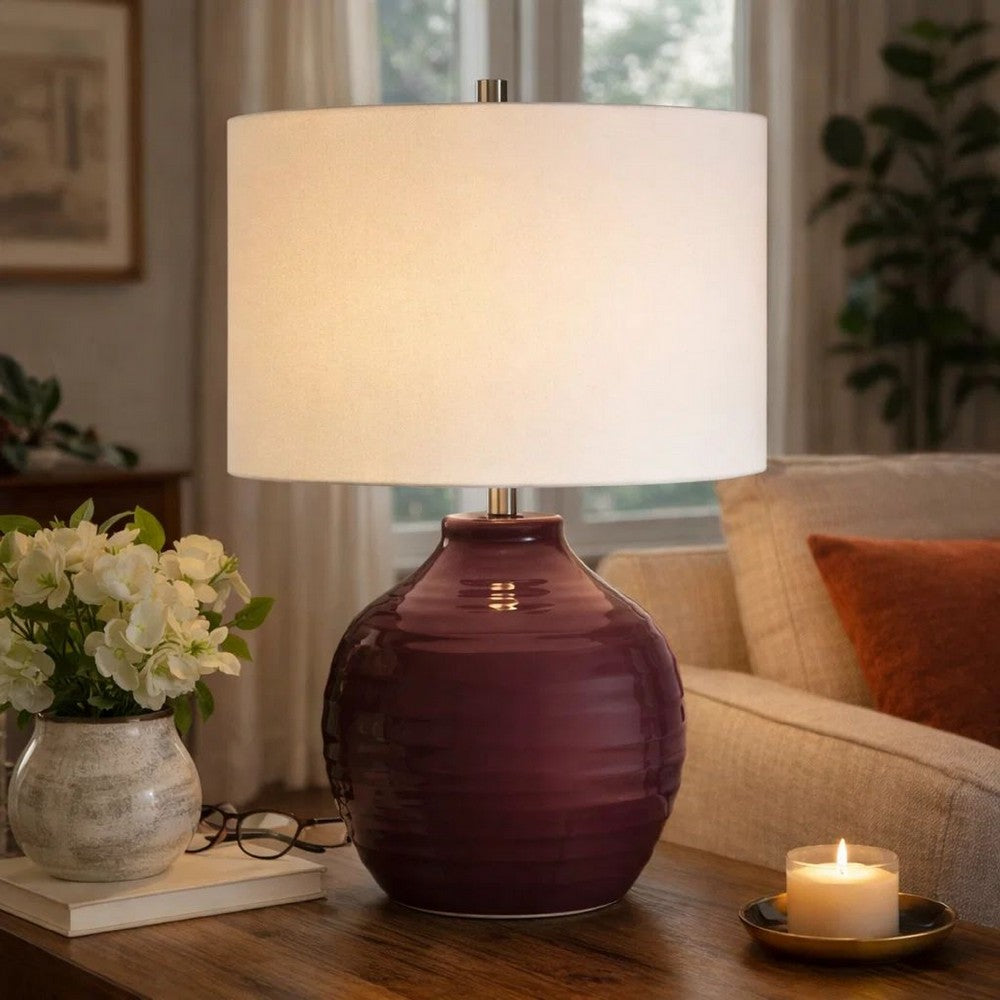 Table Lamp | Round Linen Shade | Ruby Red Textured Round Ceramic | 23"