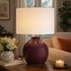 Table Lamp | Round Linen Shade | Ruby Red Textured Round Ceramic | 23"