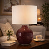Table Lamp | Round Linen Shade | Ruby Red Textured Round Ceramic | 23"