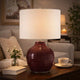 Table Lamp | Round Linen Shade | Ruby Red Textured Round Ceramic | 23"