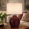 Table Lamp | Round Linen Shade | Ruby Red Textured Round Ceramic | 23"