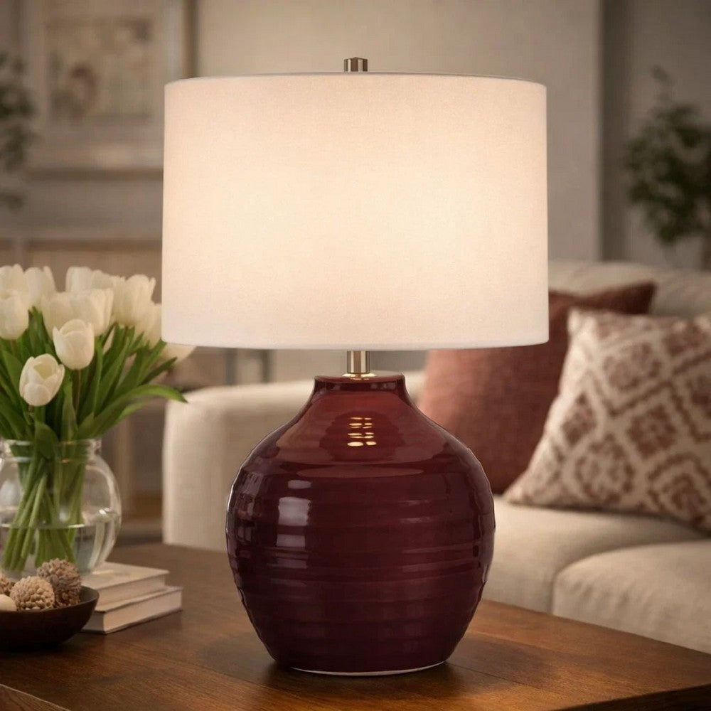 Table Lamp | Round Linen Shade | Ruby Red Textured Round Ceramic | 23"