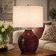 Table Lamp | Round Linen Shade | Ruby Red Textured Round Ceramic | 23"