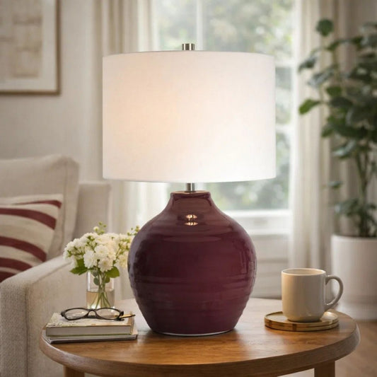 Table Lamp | Round Linen Shade | Ruby Red Textured Round Ceramic | 23"