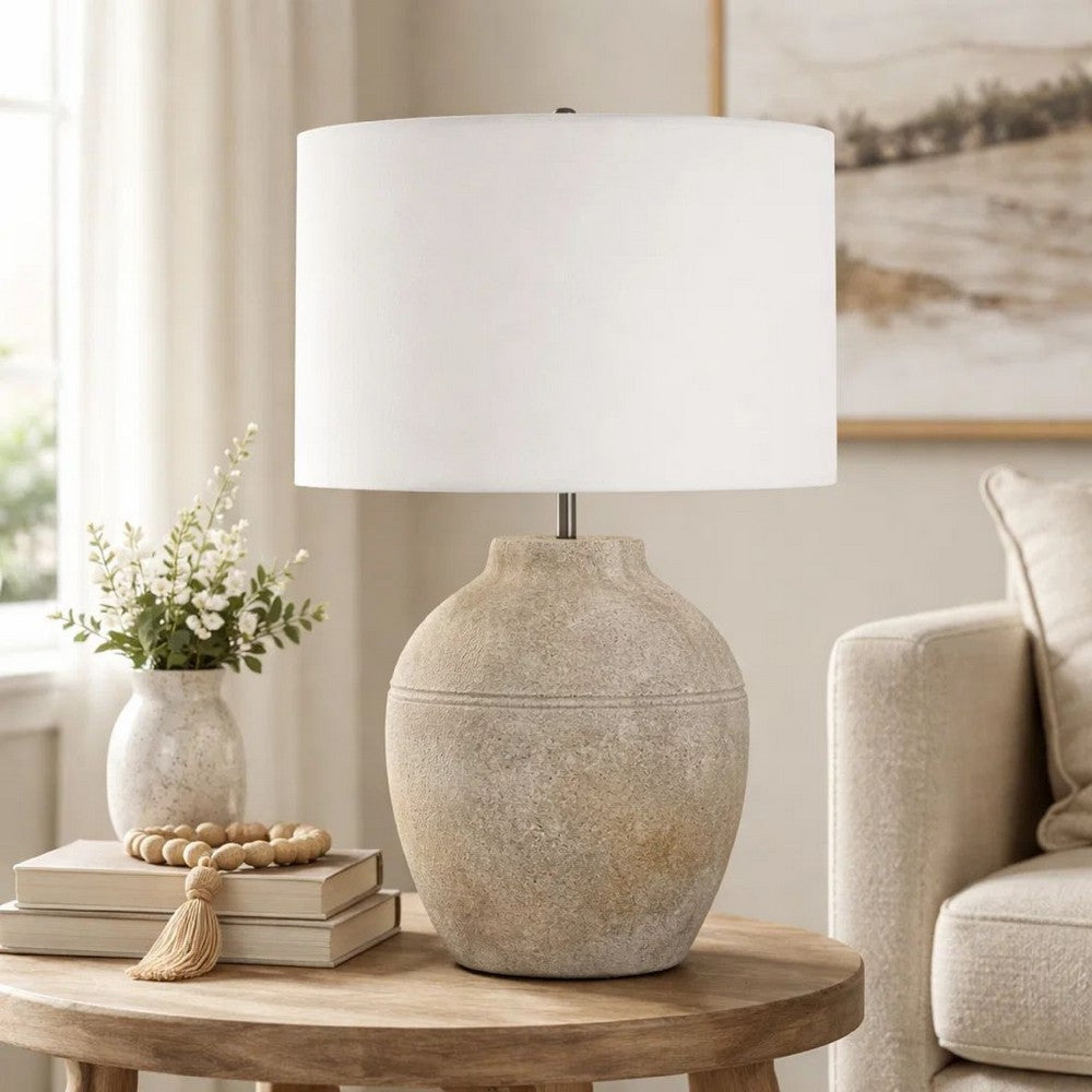 Table Lamp | Earthy Gray Ceramic w Off White Linen Shade | 24"