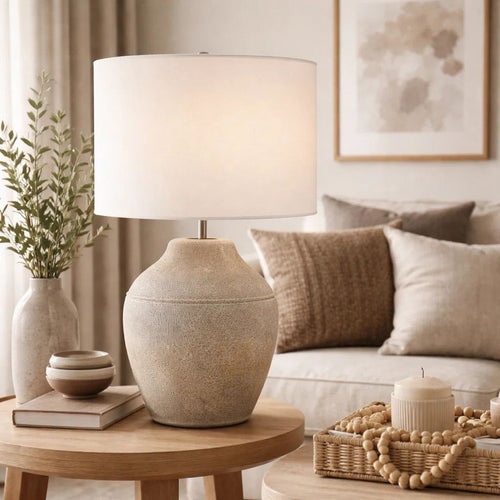 Table Lamp | Earthy Gray Ceramic w Off White Linen Shade | 24"