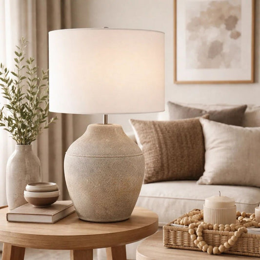 Table Lamp | Earthy Gray Ceramic w Off White Linen Shade | 24"