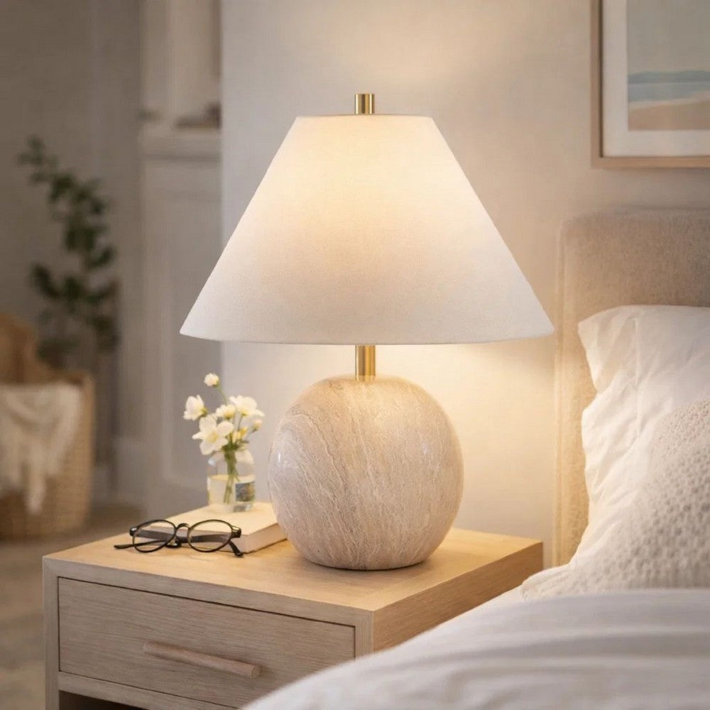 Table Lamp | Water Marble Ceramic & White Linen Shade | 17"