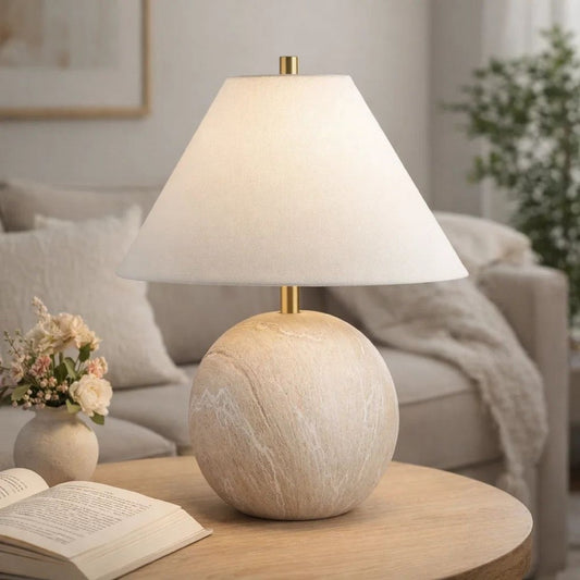 Table Lamp | Water Marble Ceramic & White Linen Shade | 17"