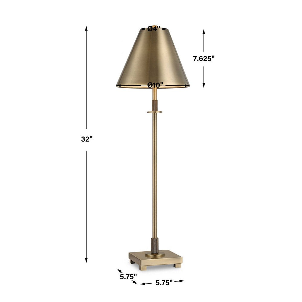 Table Lamp w Antique Brass Metal Body & Tapered Shade | 32"
