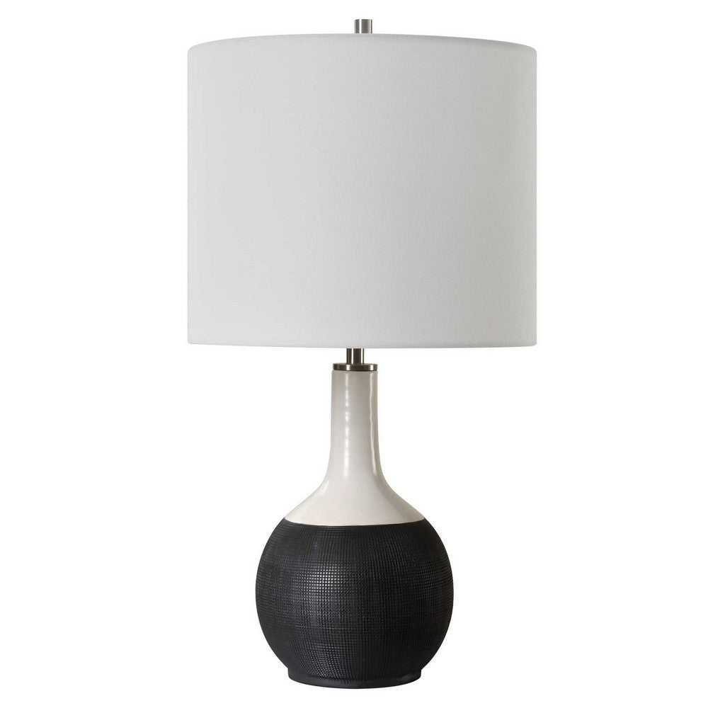 Table Lamp | White Linen Shade | 23" Black & White Ceramic Accent