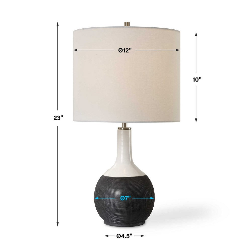 Table Lamp | White Linen Shade | 23" Black & White Ceramic Accent