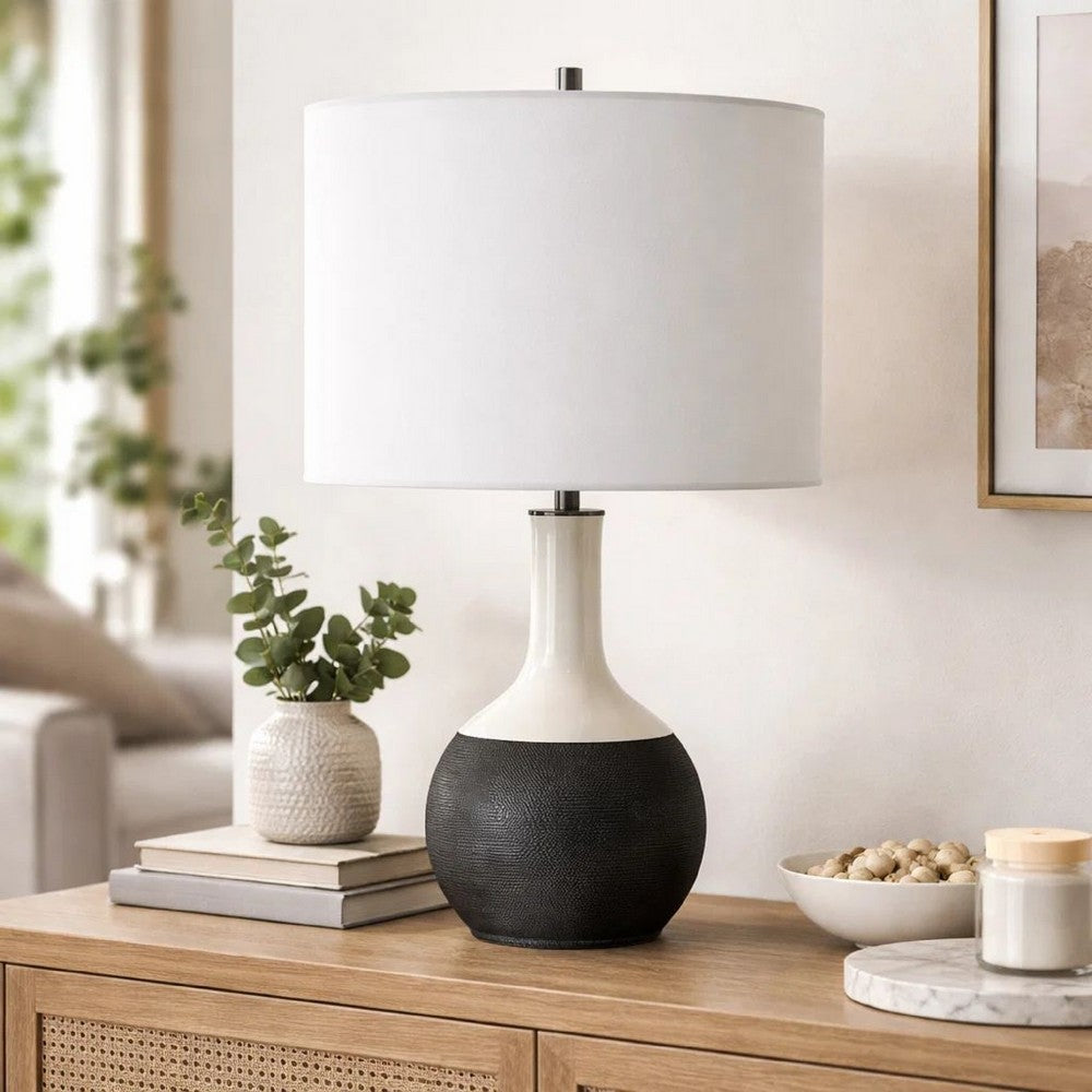 Table Lamp | White Linen Shade | 23" Black & White Ceramic Accent