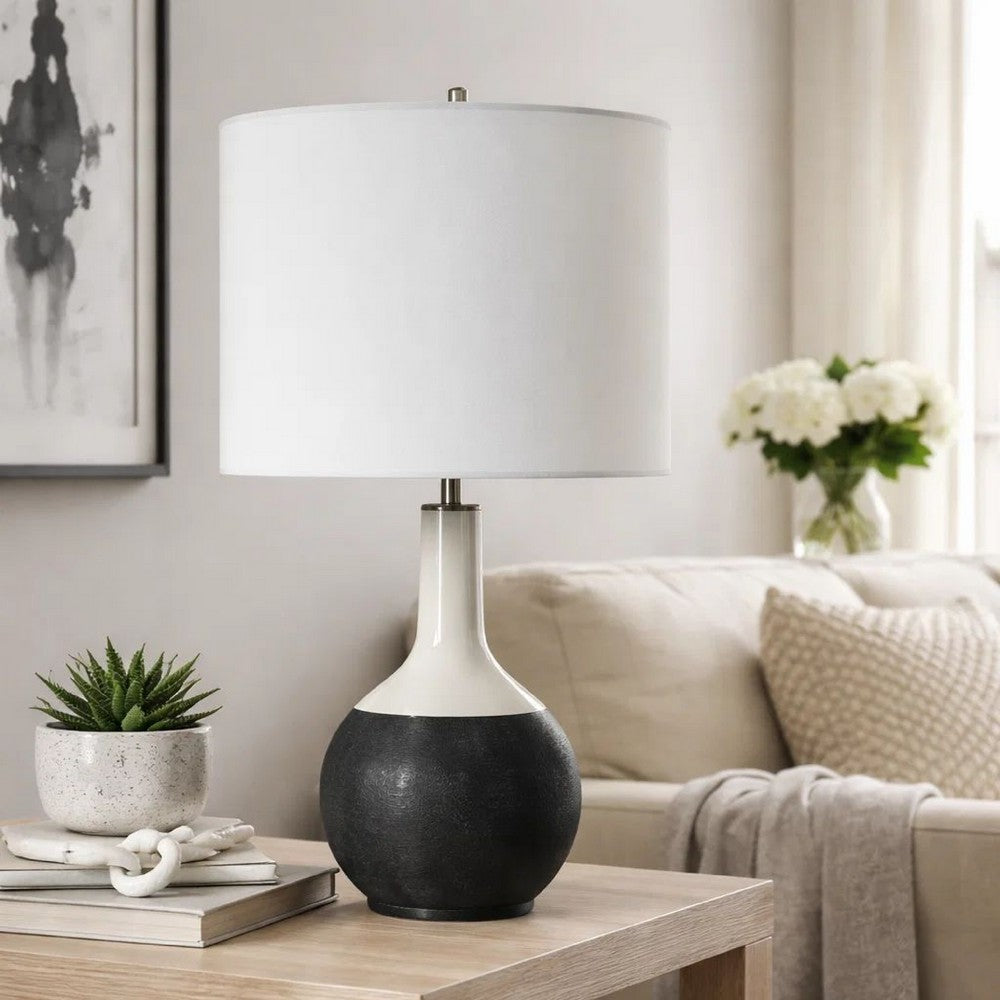 Table Lamp | White Linen Shade | 23" Black & White Ceramic Accent