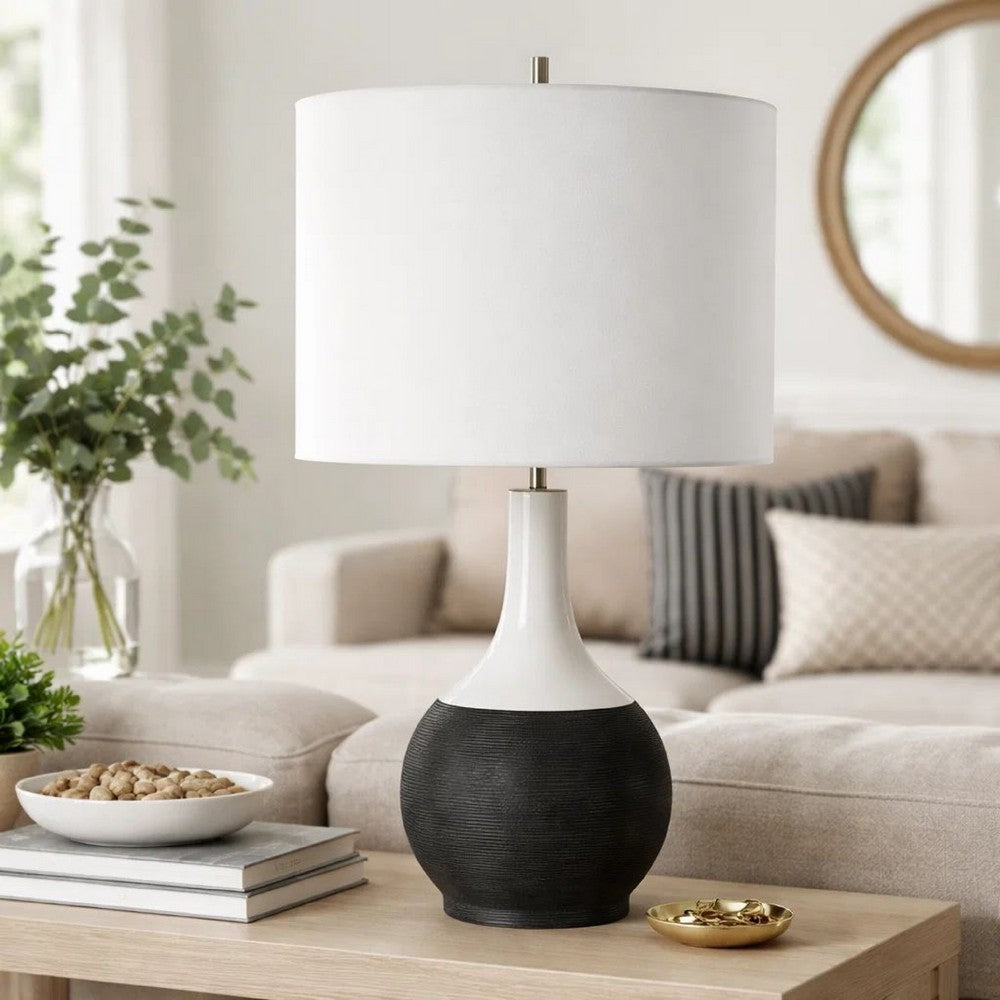 Table Lamp | White Linen Shade | 23" Black & White Ceramic Accent